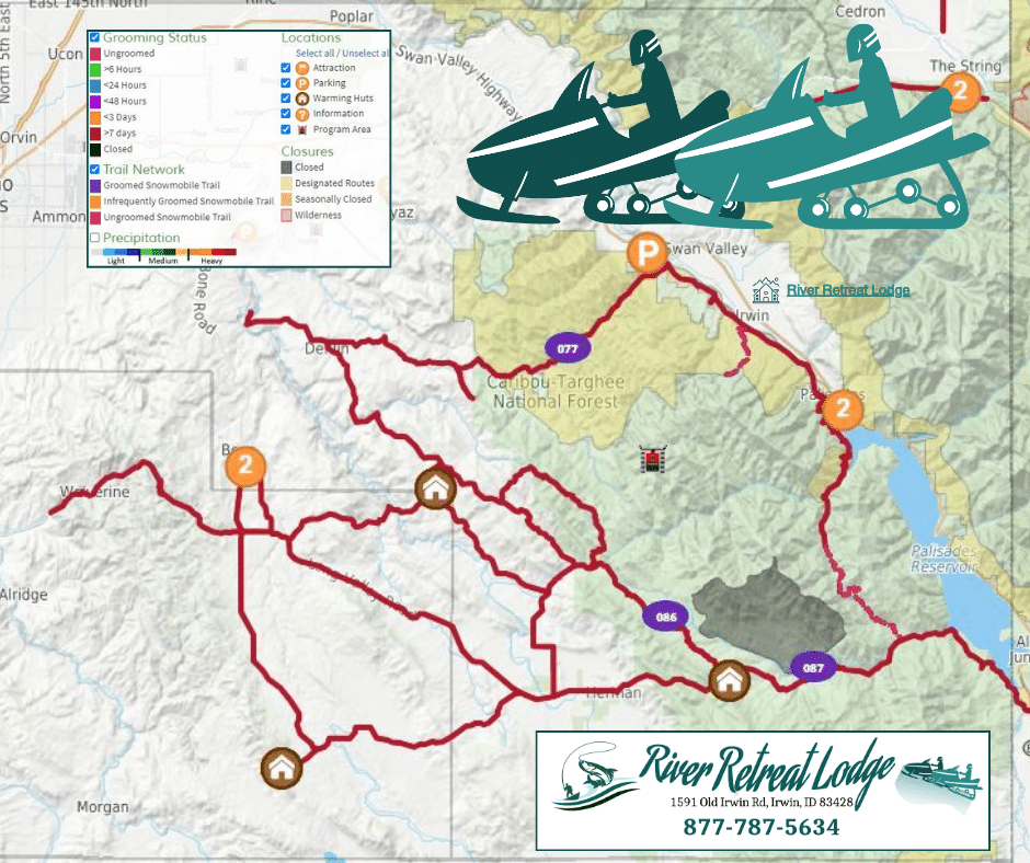 Image of Snowmobile Trail Map for Swan Valley, Idaho by River Retreat Lodge.