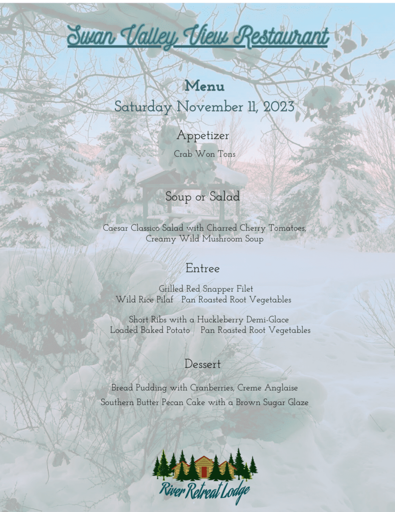 Winter Menu at Swan Valley View Restaurant at River Retreat Lodge in Swan Valley, ID
